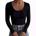 Detailed view of women's black ribbed long sleeve T-shirt featuring a slim fit scoop neck - Black
