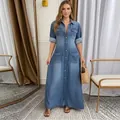 Elegant long-sleeved denim blue maxi dress with button-front and A-line silhouette - XS / Dresses / Blue