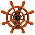 Close-up detail of an orange ship wheel toy for parrots featuring rolling white beads - Round Head Orange (White Beads)