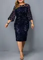 Plus Size figurbetontes Kleid mit blauen Pailletten und geometrischen Netzärmeln - 3XL / Kleider / Marineblau