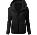 Women's solid black fuzzy sherpa hooded jacket with full zipper and two front pockets - Black