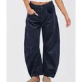 Front view showing the fit and texture of navy blue high-waisted wide-leg corduroy pants - XS / Bottoms / Navy Blue