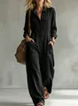 Elegant women's loose black linen jumpsuit featuring lapel collar and wide leg design - S / Top And Bottom / Black