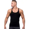Detailed front view of a muscular man wearing a black slim-fit gym athletic tank top - M / Tops / Black