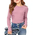 Detailed view of a pink ribbed long-sleeve T-shirt for girls featuring a slim-fit crew neck. - S / Tops / Pink