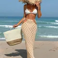 Sexy beige crochet hollow out lace-up maxi skirt for women beach holiday resort wear - S / Bottoms / Apricot