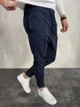 Navy blue men's slim fit breathable fitness joggers with drawstring and ankle zipper details - M / Bottoms / Navy Blue