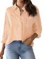 Détail d'une chemise décontractée à manches longues à rayures orange et blanc pour femme - Orange