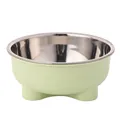 Durable light green pet bowl with a polished stainless steel interior and four sturdy legs. - Plastic Bowl with Stainless Steel Liner / Light Green