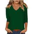 Detailed view of women's casual dark green V-neck T-shirt featuring three-quarter sleeves. - Dark Green