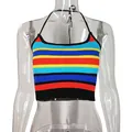 Close-up view of the vibrant multi-color striped knit cropped halter top for women - S / Tops / Colorful Striped (Style 1)