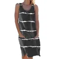 Summer sleeveless casual grey dress featuring white horizontal stripes and front pockets - Dark Gray