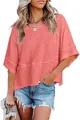 Stylish loose coral pink round neck T-shirt featuring elegant half bell sleeves for summer - Pink