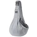 Detalle de bolsa gris para mascotas con forro de cuadros y hebilla de seguridad ajustable. - Bolsa con Hebilla Ajustable / Gris
