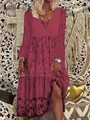 Bohemian style burgundy long-sleeved maxi dress with floral hem print for women - S / Dresses / Burgundy
