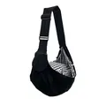 Detail of black portable pet carrier sling bag with checkered lining and adjustable strap - Canvas Bag (2128#) / Black