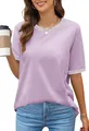 Casual purple short sleeve knit top with contrast striped ribbing on crew neck - S / Tops / Light Purple