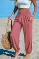 Comfortable high waisted smocked joggers in dusty rose for women beach casual wear - Pink
