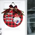 Wooden door hanging gnome decoration with buffalo plaid bow and red berries - Home Sweet Gnome (K2-5)