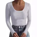 Detail showing texture of women's grey ribbed scoop neck long sleeve slim T-shirt - Gray
