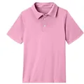 Close-up of children's pink short-sleeved polo shirt with detailed collar and buttons. - Pink