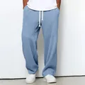 Pantalon de détente pour homme en tricot gaufré bleu clair, coupe ample et cordon - Bleu