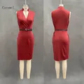 Front and back view of elegant sleeveless caramel dress with belt and pockets - S / Dresses / Caramel color