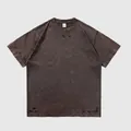 Brown distressed heavyweight cotton oversized t-shirt with washed vintage finish - Washed Coffee