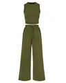 Detail view of olive green two-piece ribbed knit set with sleeveless top and wide-leg pants - Army Green