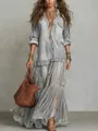 Bohemian retro faux-denim maxi dress with layered ruffled skirt and lapel collar - Light Gray