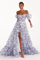 Elegant off-the-shoulder floral organza evening dress with puff sleeves and high slit - S / Dresses / Blue