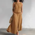 Sleeveless V-neck top and maxi skirt two-piece linen set in solid camel color. - S / Top And Bottom (YK957) / Brown