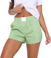 Detail of women's green striped cotton lounge shorts with elastic waistband. - S / Bottoms / Green Stripes