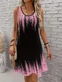 Detailed view of a sleeveless black tank dress with pink pixelated gradient print. - S / Dresses / Pink