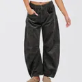 Detailed view of high-waisted dark grey corduroy pants featuring loose straight leg fit - XS / Bottoms / Gray