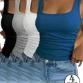 Detalle de camisetas de tirantes para mujer pack de 4, corte ajustado, cuello cuadrado - S / Tops / 4 Piezas / Negro+Blanco+Gris Claro+Azul