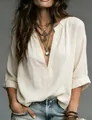 Casual off-white v-neck linen blouse for women with rolled sleeves and boho style. - S / Tops / Apricot