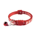 Adjustable red cat collar with white paw prints, featuring a red bell and cat safety buckle. - Cat Head Buckle Style / Red