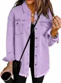 Detail of lavender washed denim jacket featuring metal buttons and raw frayed hem - Light Purple