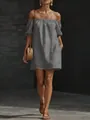 Full body view of a grey off-the-shoulder cotton linen loose mini dress with straw bag - Gray