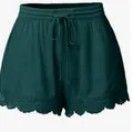 Short décontracté femme bleu canard avec taille à cordon et bordure en dentelle - Vert