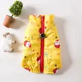 Detail view of a warm yellow Christmas pet vest featuring Santa Claus and snowflake patterns - S / Yellow