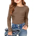 Detail view of girls' brown long sleeve ribbed T-shirt with round neck and slim fit. - S / Tops / Khaki