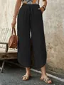 Casual women's black cotton linen drawstring cropped pants featuring side pockets - S / Black