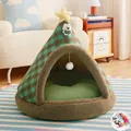 Christmas tree shaped enclosed pet tent with soft plush lining and free blanket - S (38x38x35cm) / Christmas Bear with Blanket