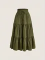 Detailed view of olive green tiered maxi skirt featuring elastic drawstring waist - S / Bottoms / Army Green