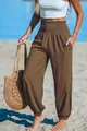 Women's brown loose beach casual harem pants with high elastic smocked waist detail - Brown