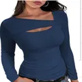 Top blu scuro aderente a maniche lunghe in maglia a coste con scollo asimmetrico - Taglia S / Top / Blu navy