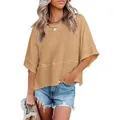 Women's oversized camel brown summer T-shirt with stylish bell sleeves and crew neck design - Khaki