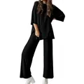 Women's minimalist black loose short sleeve top and wide leg pants two-piece set - S / Top And Bottom / Black